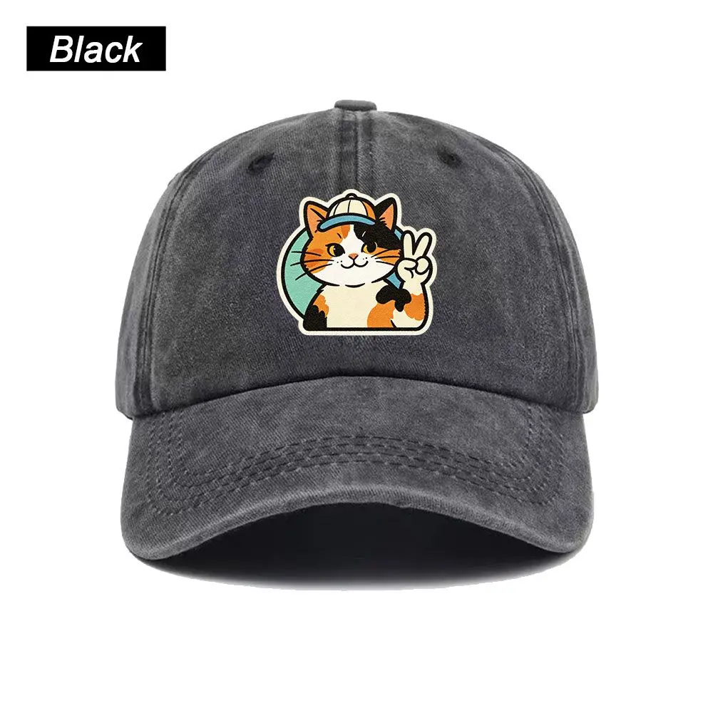 Vintage Washed Baseball Cap Cute Peace Sign Cat Print Graphic Unisex Streetwear Casual Trucker Style Summer Cotton Sun Hat