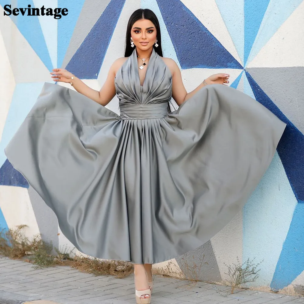 

Sevintage Gray A Line Midi Prom Dresses Halter Pleated Strapless Satin Formal Evening Dress Women Special Party Gowns 2023