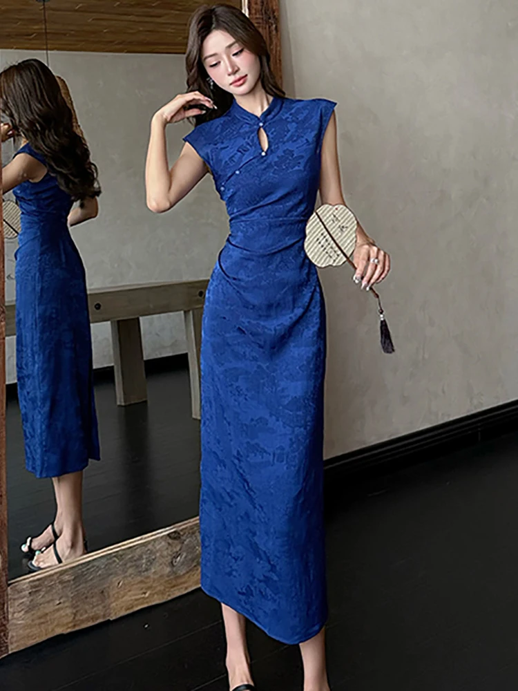 Vestido Midi ajustado plisado de Jacquard azul para mujer, vestido informal elegante para casa, vestido de fiesta de Festival ajustado Vintage coreano 2025