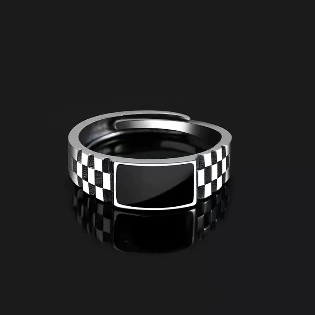 Vintage Faux-Onyx-Ringe für Herren, Edelstahl, verstellbarer offener Ring, silberfarben, modischer Punk-Schmuck, Geschenk – Detail 6