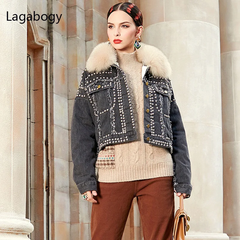 

White 2023 New Women Winter Duck 90% Down Jacket Liner Detachable Natural Fox Fur Female Rivet Dennim Coat Short Parkas