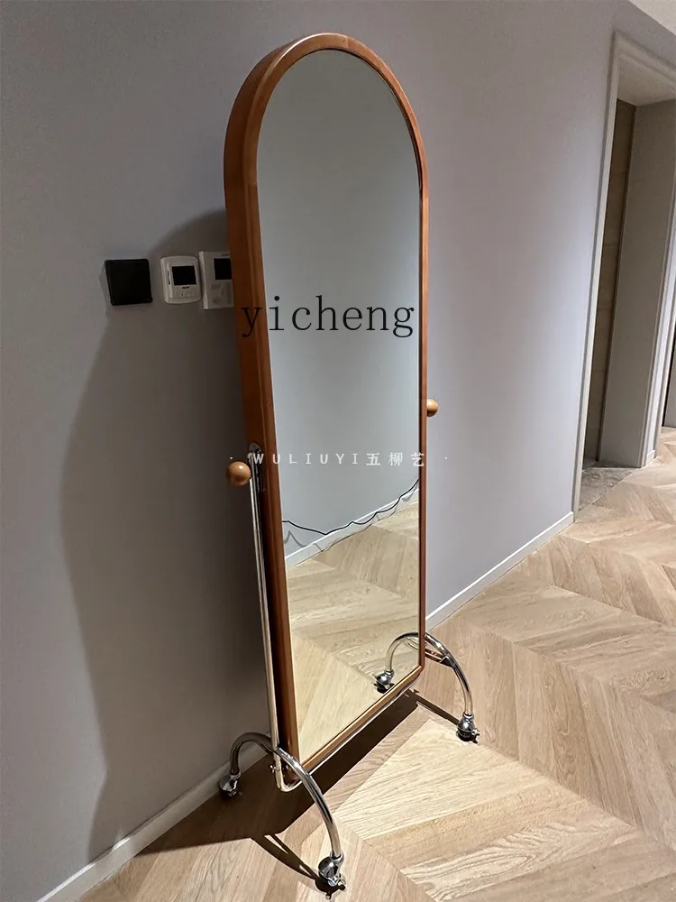 Arch-Shaped Magazine Bookshelf Solid Wood Full-Length Mirror Floor Mirror with Wheels Stainless Steel Dressing Mirror