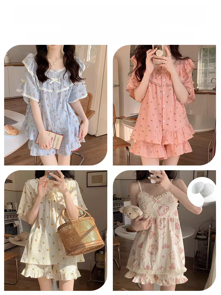 

Summer Floral Print Spwear Set Women's ort Sve Home Clothes Sweet Sle Cotton Fabric Youth Casual Comfortable Nightgown