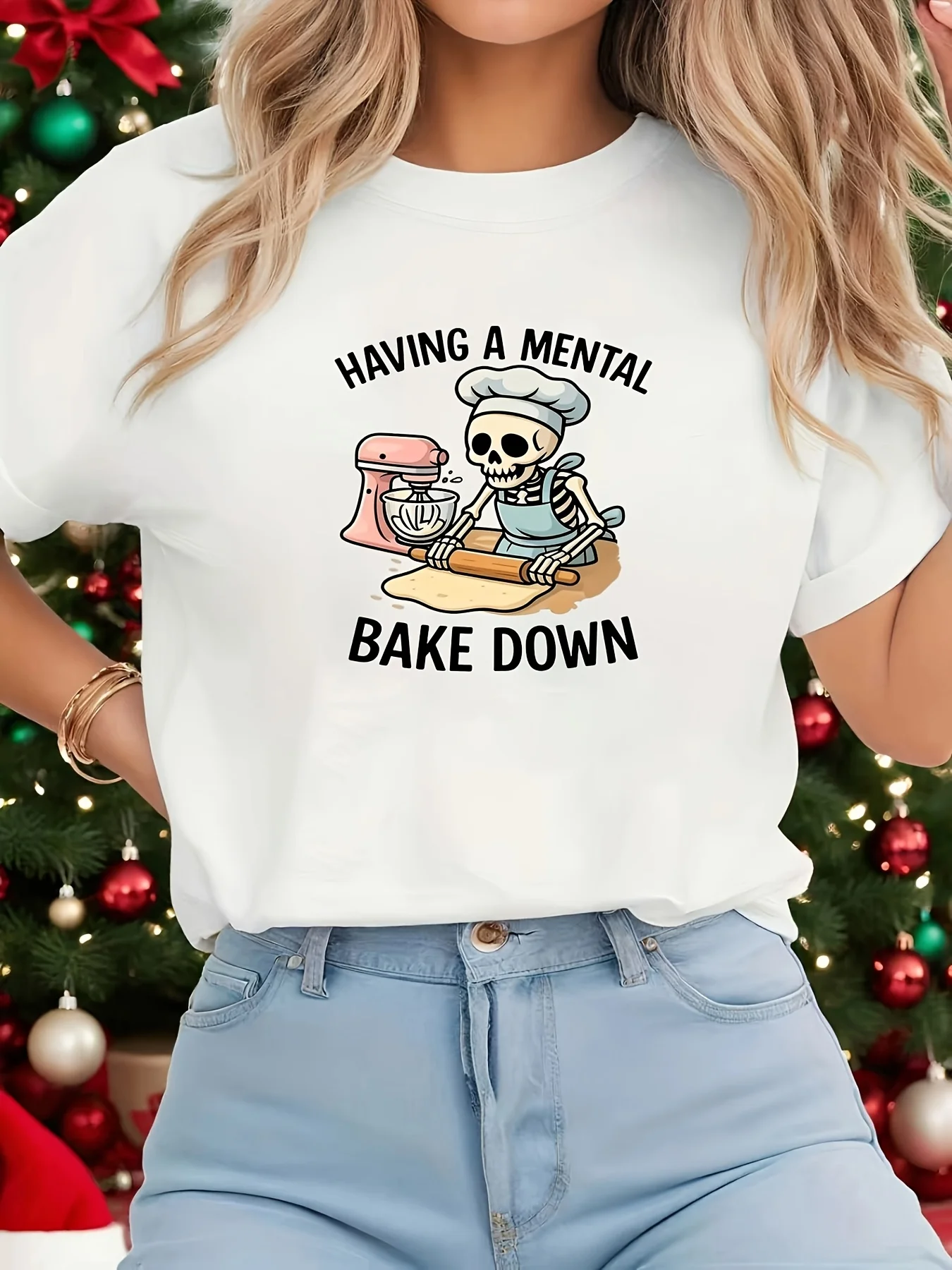Women Casual Basic Short Sleeve Tee with Baking Skull Print Round Neck Soft Blouse for Layering Spring Summer Fall