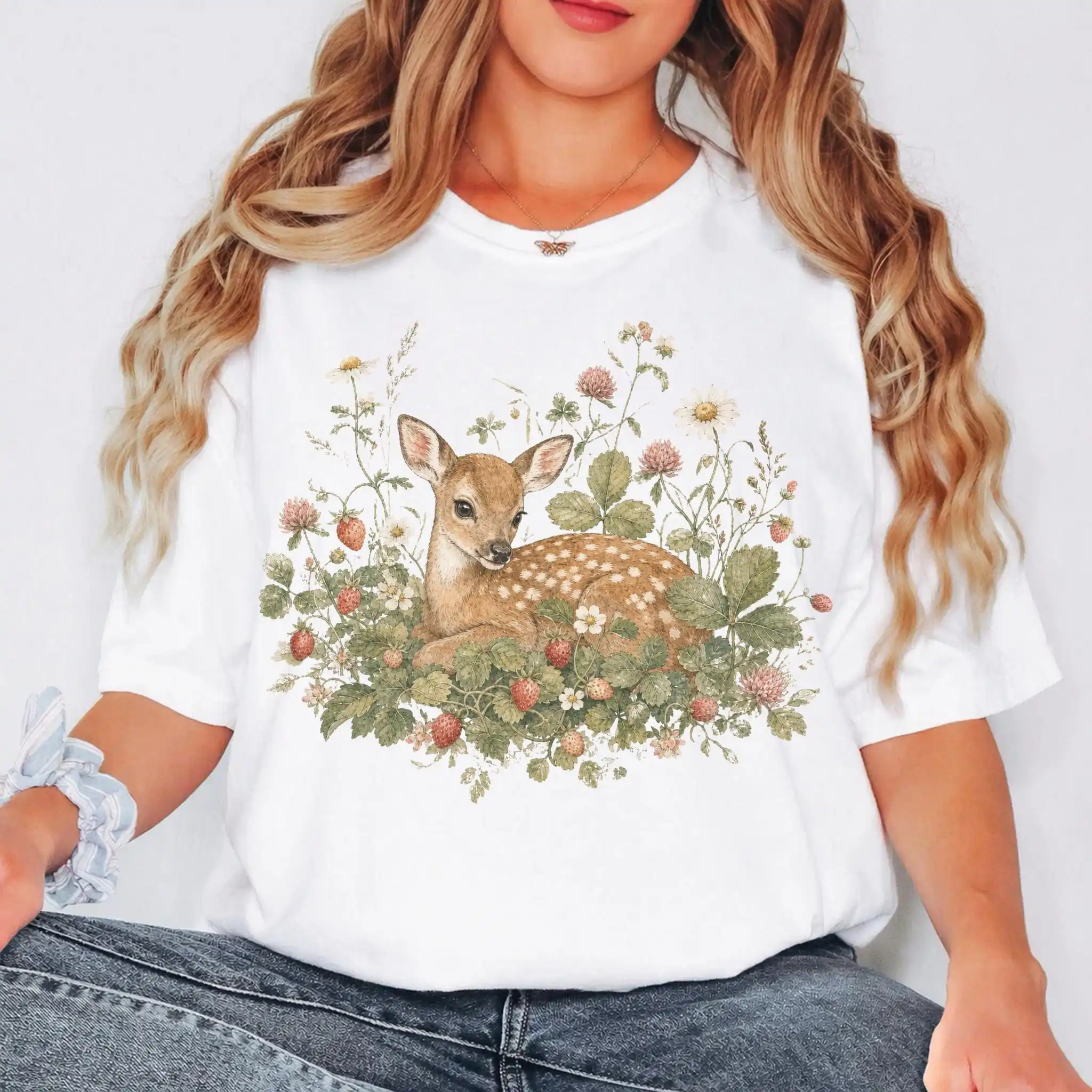 Fawn Strawberry Shirt, Cottagecore Deer Tee, Vintage Botanical Woodland Graphic, Cute Nature Gift T-shirt