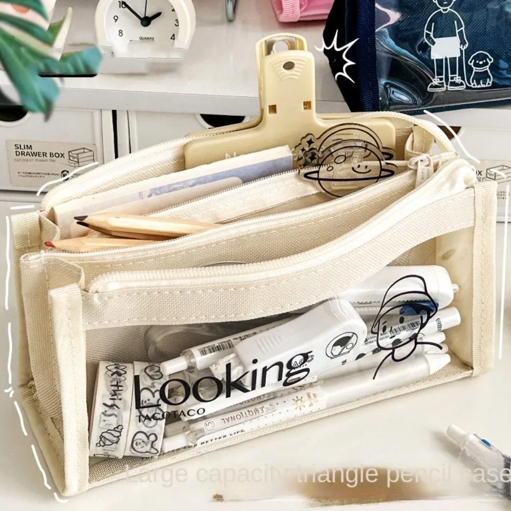 Multi Layer Canvas Transparent Pencil Case Zipper Japanese Large Capacity Pen Bag Minimalist Style Cartoon Pencil Pouch School