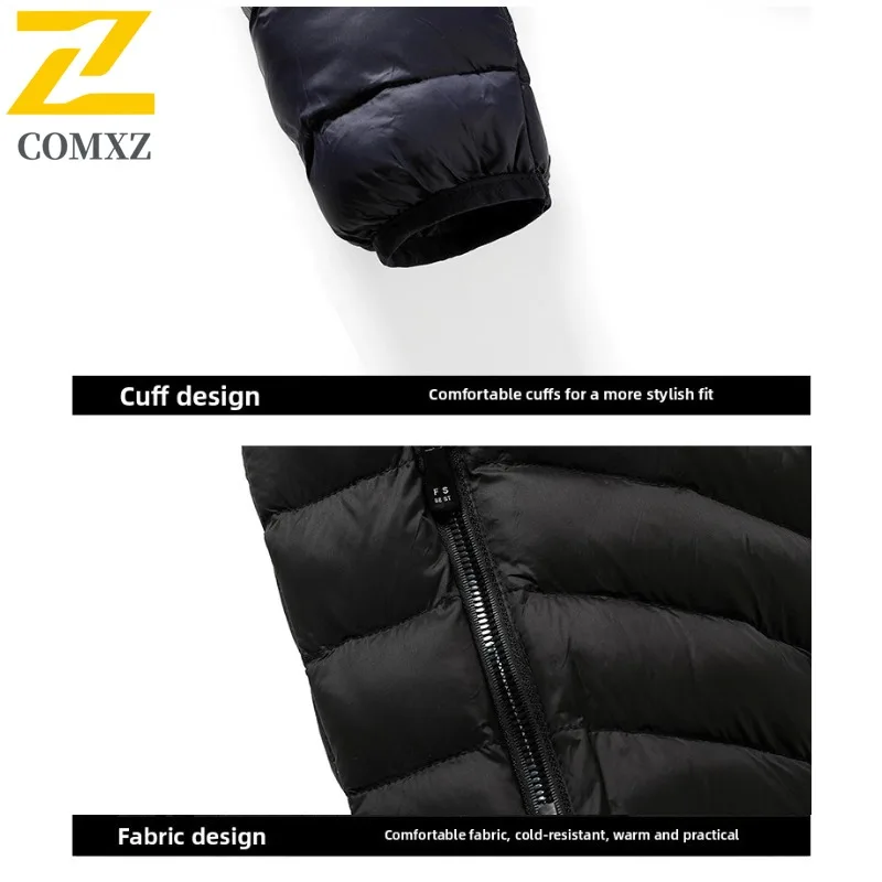 COMXZ Men Down Jacket 2025 Splicing Ultra Light Outdoor Camping Warm Parka Premium Hooded Outdoor Cold Resistant Winter Coat