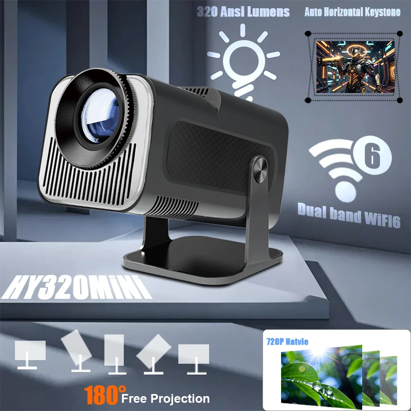 HY-320Mini 휴대용 새로 네이티브 720P Allwinner H713 Android11 ​​4K 프로젝터 320ANSI Wifi6 BT5.0 시네마 야외 회전식 프로젝터