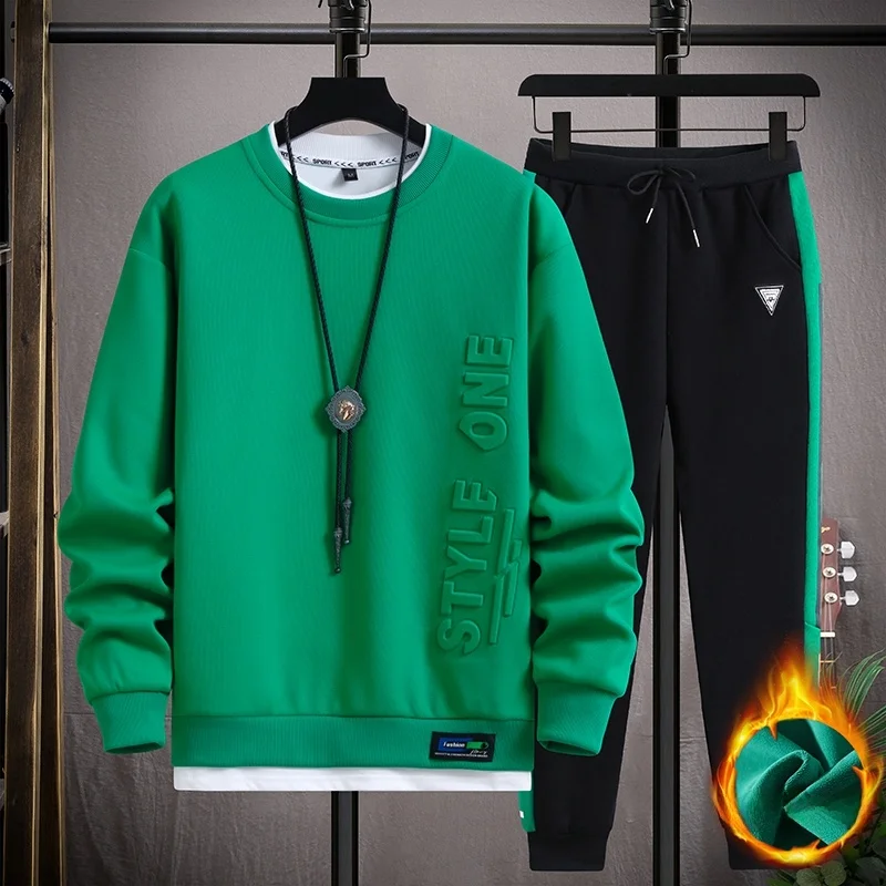 

Утепленный флисовый худи-свитшот с круглым вырезом, повседневная спортивная одежда для подростков, осенне-зимняя коллекция, комплект с длинными рукавами и длинными брюками