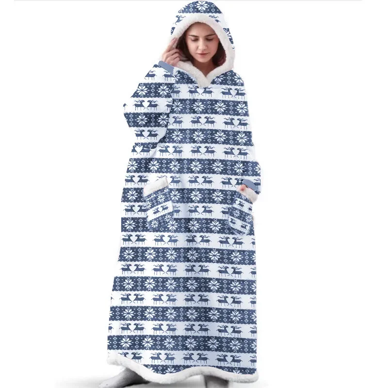 New Christmas Hoodie Women Hooded Blanket Gown BBW Plush Warm Winter Long Robe Wearable Housecoats Woman TV Blanket with Sleeve