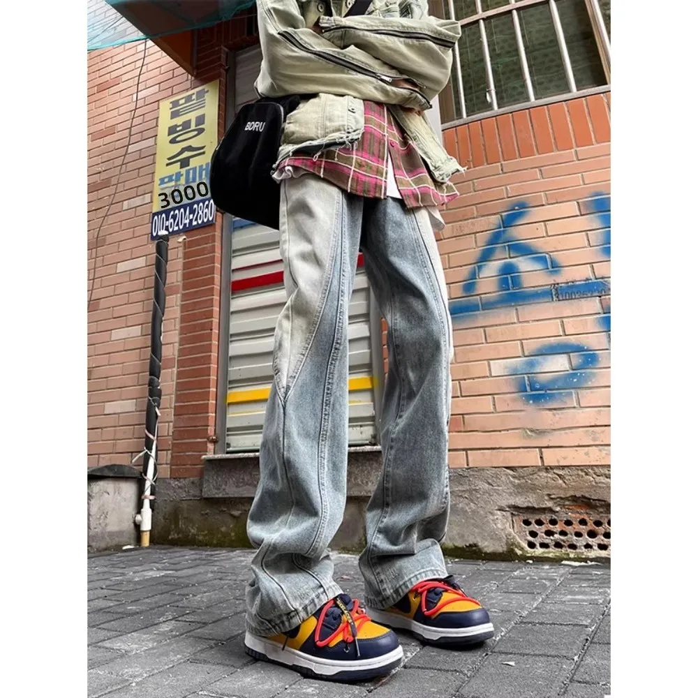 

Street Sle Straight Leg Loose Fit Jeans ex Long Trousers Line Splicing Design Durable Denim Material Spring Season Faion