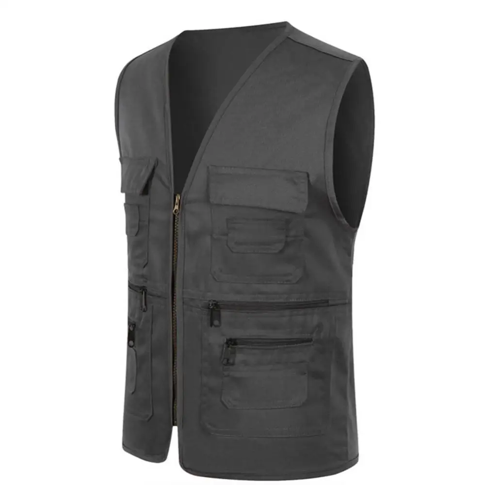 2024 Men's Multi-pocket Vest Casual Fishing Vest Men's Solid Color Overalls Sleeveless Zipper Director Vest