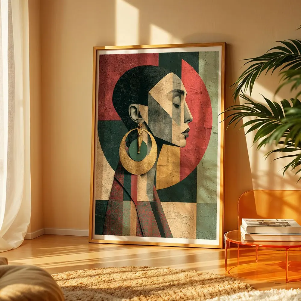Bohemian Geometric Collage Female Portrait Canvas Wall Decor Picture