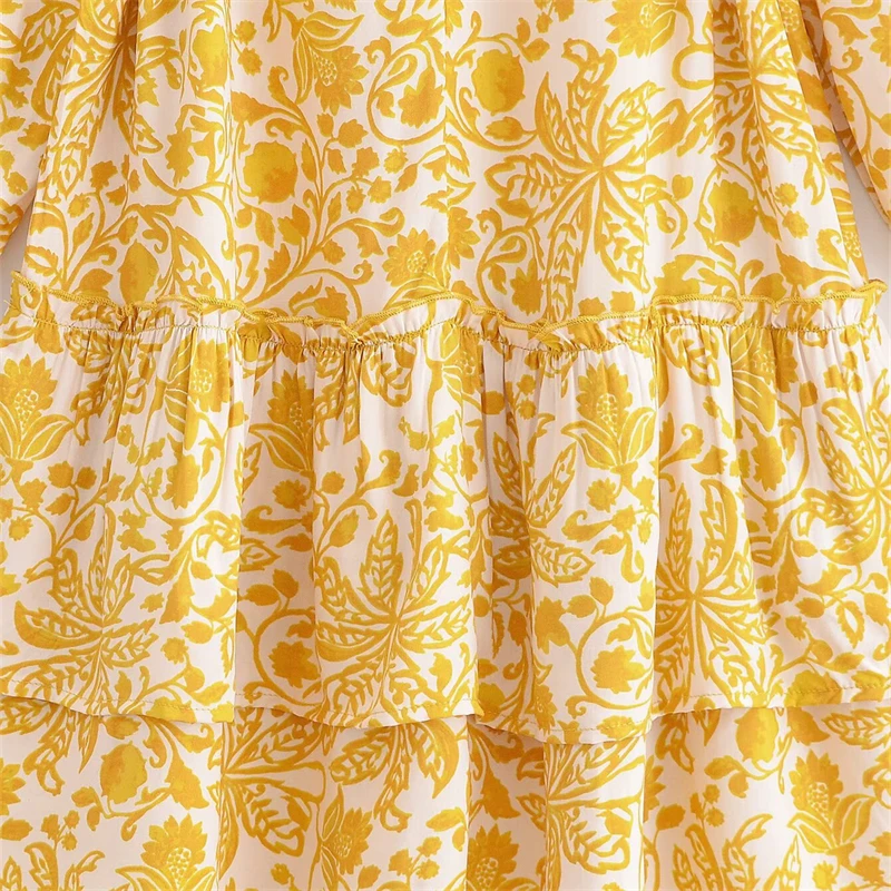 KEANKETIAN 2025 Nuovo stile bohemien Stampa floreale Mini abito in viscosa Perline Con lacci Scollo a V Abiti corti freschi da donna a strati