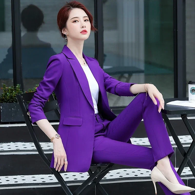 Purple Long Women Blazer and Pants 2 Pcs Set Two Piece Suit with Waist Belt Autumn 2022 Office Black Coat Sashes Business S-4XL