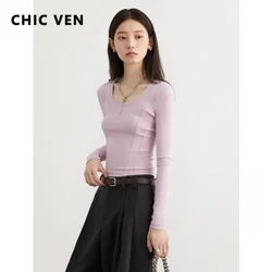 CHIC VEN Korean Women Polo Shirts Multi Color Optional Basic U-neck Split T-shirt Bottom Layer Female Tops Autumn Summer 2024