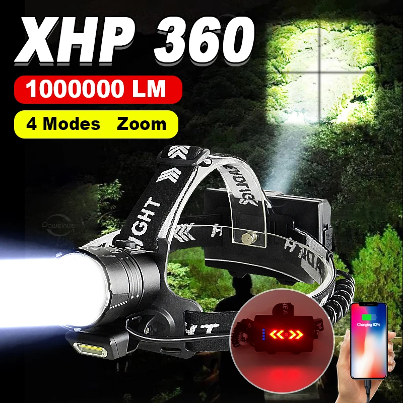 1000000LM XHP360 High Power Fishing Headlamp Rechargeable Light Headlight Camping Hiking Led Flashlights Power Bank Head Lamp