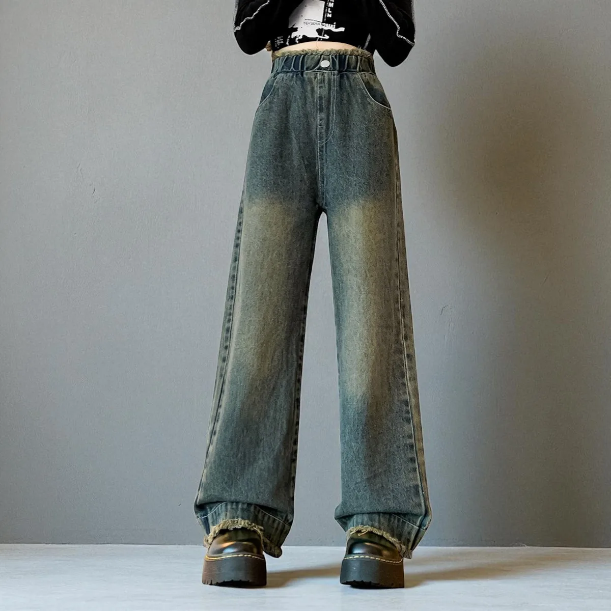 

Girls Cargo Jeans for Girls Wide Leg Pants Girls Outfits Loose Trousers Streetwear Denim Pants Children Clothes 6 8 9 10 12 Year