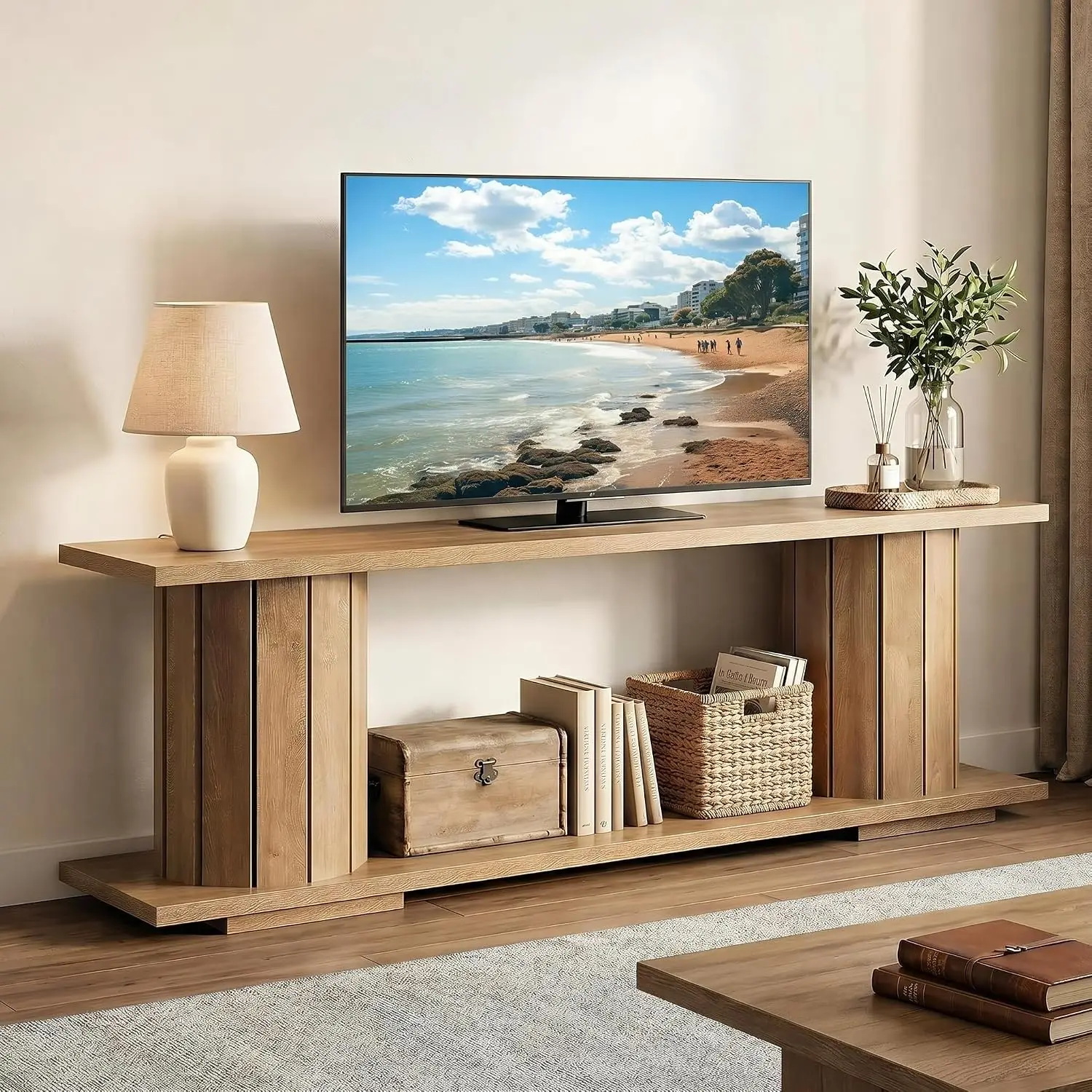 Farmhouse Wooden TV Stand Entertainment Center Open Storage Shelves Media Console Living Room Bedroom 60-70 Inch, Customized