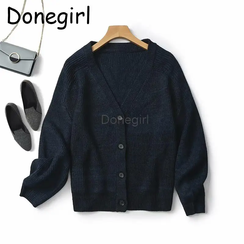 

Donegirl 2023Autumn New Women V-neck Single-breasted Loose Knitted Sweater Coat Simple Casual Commute Cardigans Female Tops Chic