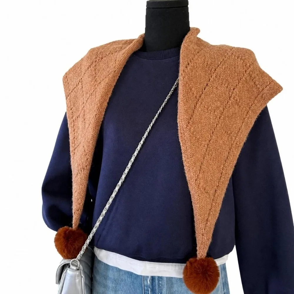 Lazy Style Knit Knitted Triangle Shawl Soft with Pom Poms Winter Neck Scarf Student Warm Yarn Shoulder Wrap Autumn