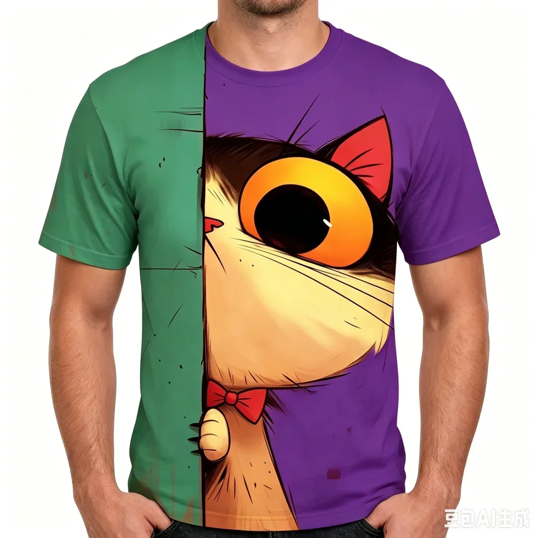 3D Cartoon Cat Print Crew Neck Men's T-shirt Funny Spliced Desiged Tops Summer Casual Short Sleeve Cute Tees