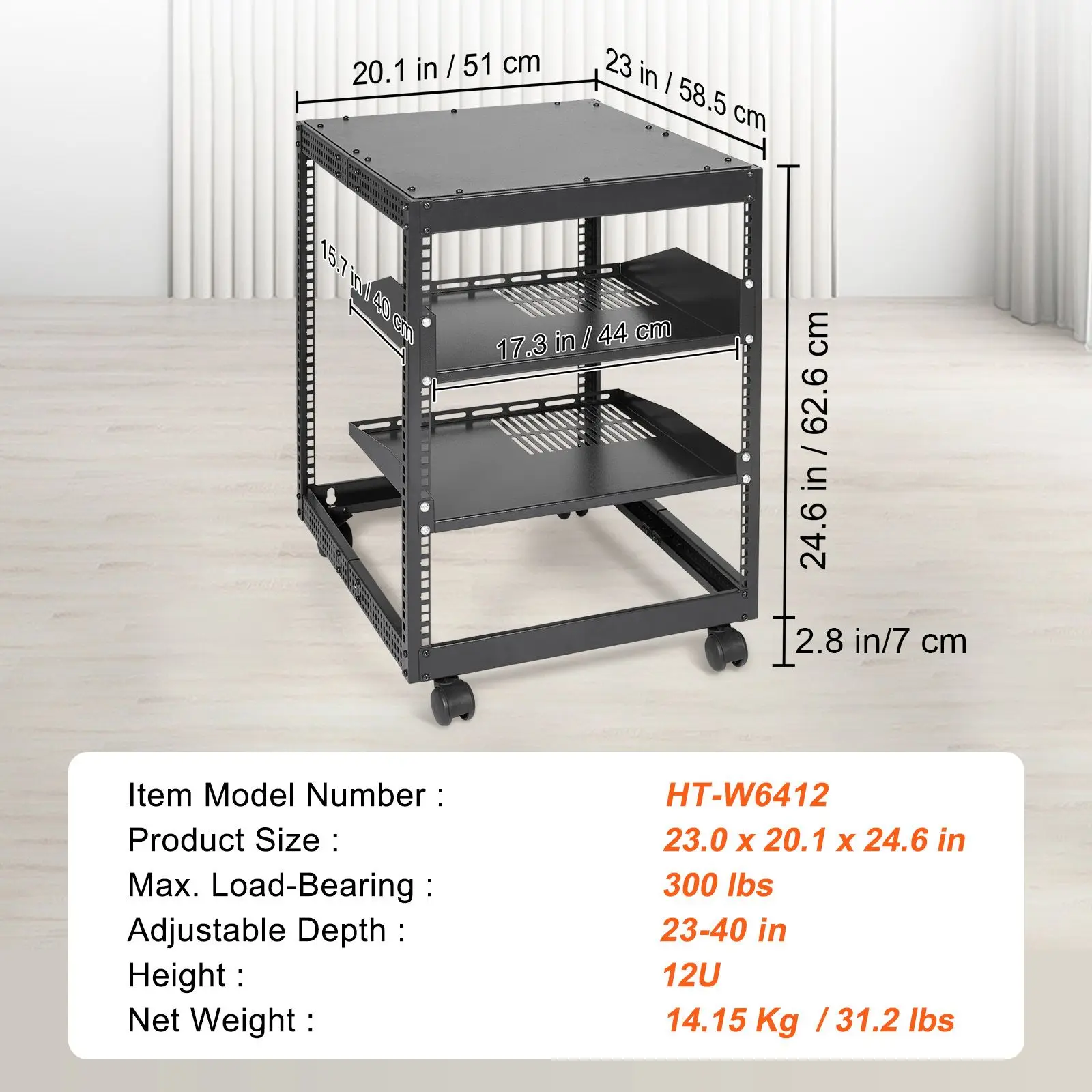 12U Open Frame Server Rack, 23-40 in Adjustable Depth, Free Standing or Wall Mount Network Server Rack, 4 Post AV Rack with Casters, Holds All Your Networking IT Equipment AV Gear Router Modem