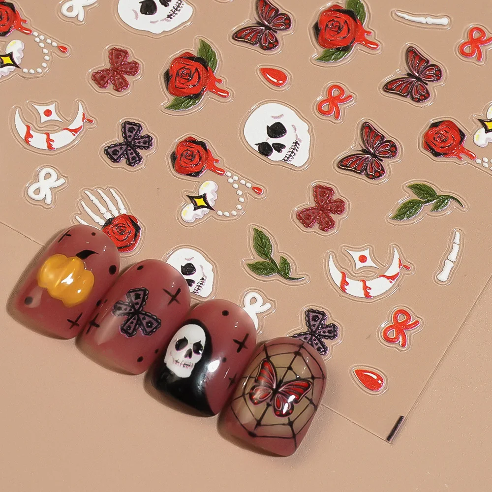 1/5/10 الجمجمة الأحمر روز فراشة Bowknot مسمار ملصقات هالوين 5D تنقش مسمار الفن ملصقات DIY بها بنفسك مانيكير الديكور الشارات