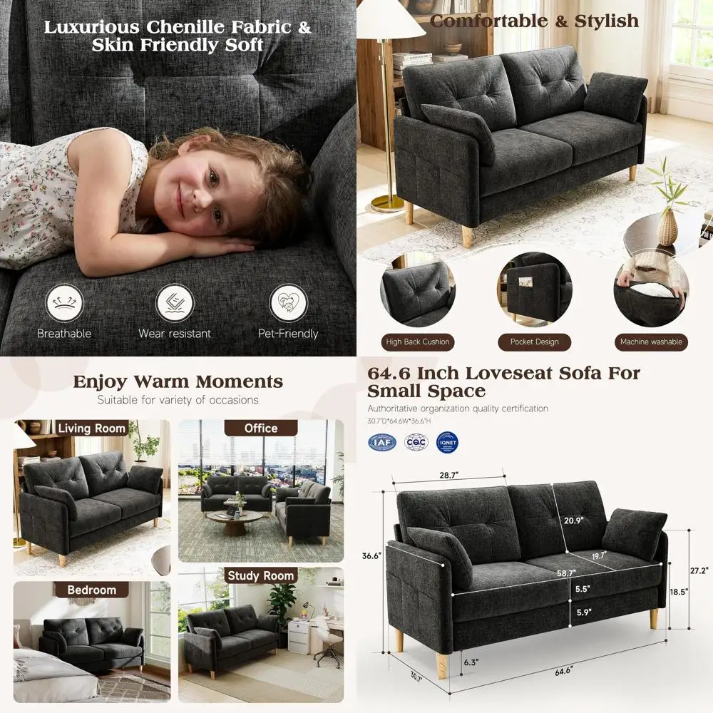 

Compact Chenille Fabric Loveseat for Small Spaces with Throw Pillows and Removable Cushion Covers