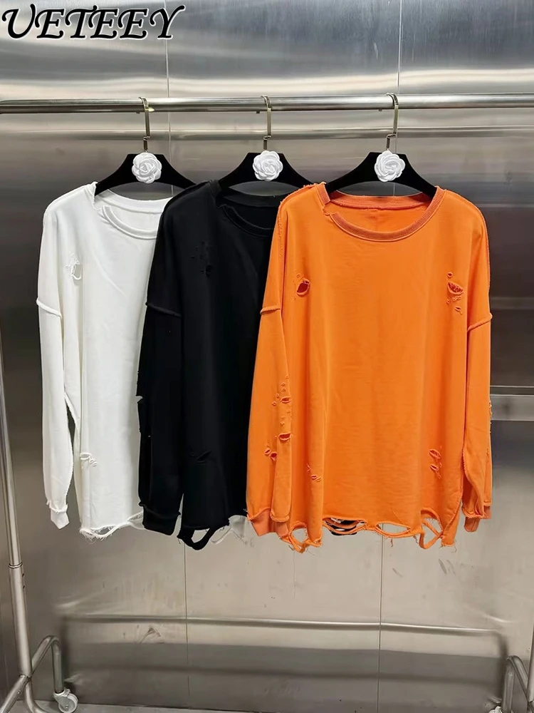 

Европейские и американские модные толстовки с круглым вырезом High Street, свободные рваные уличные толстовки средней длины с длинными рукавами, тренд