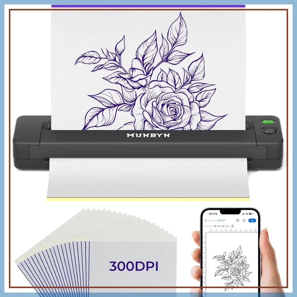 

300DPI Wireless Thermal Tattoo Printer with 20 Transfer Papers, Compatible with Smartphone & PC for Artists & Beginners