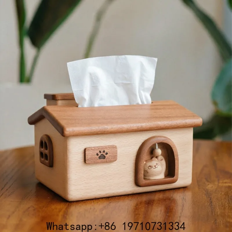 

Solid Wood Cat Tissue Box Cartoon Creative Household Pumping Carton Dining Table Storage Box