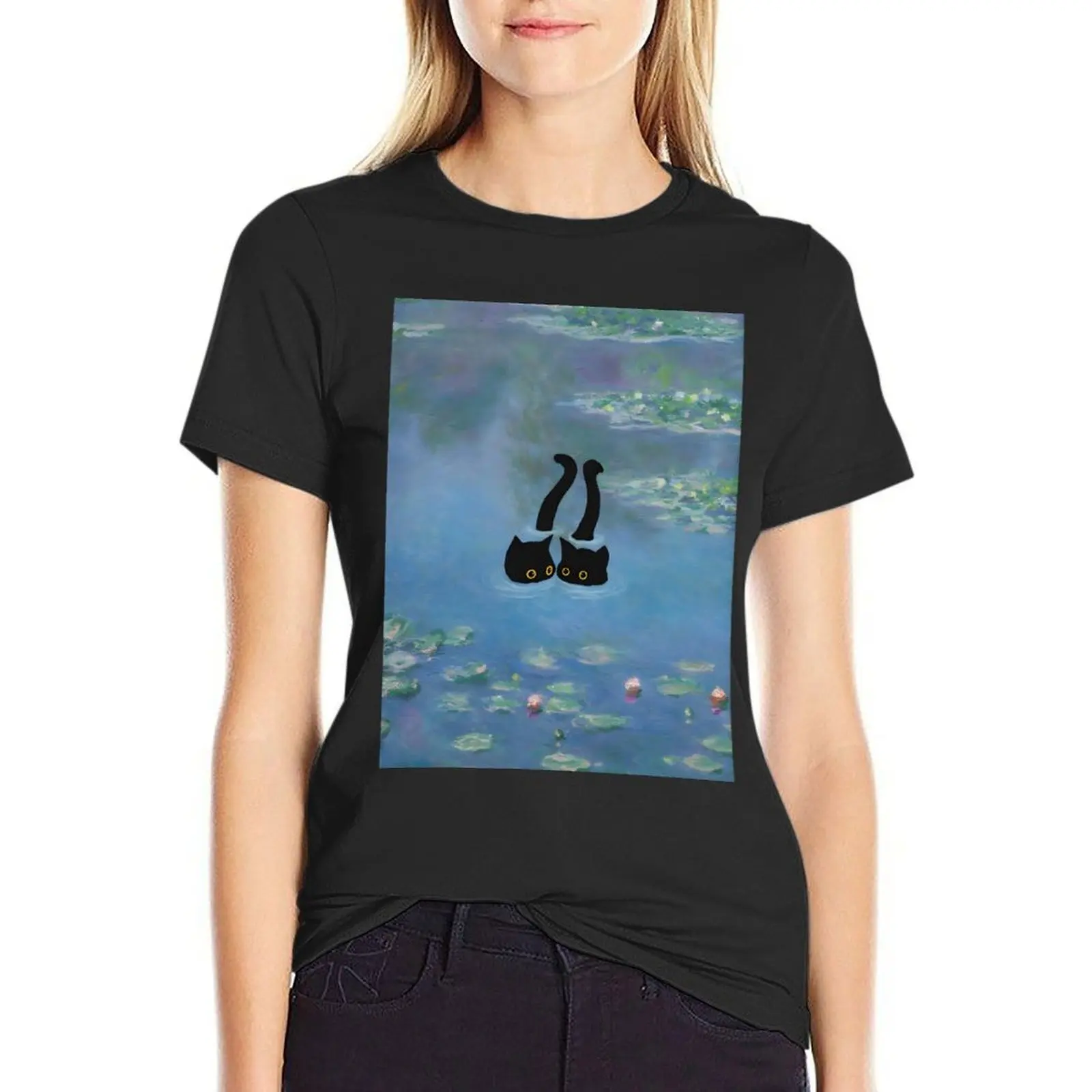 

Two Cat Print Monet Waterlily T-Shirt summer tops plus sizes cute tops cat shirts for Women