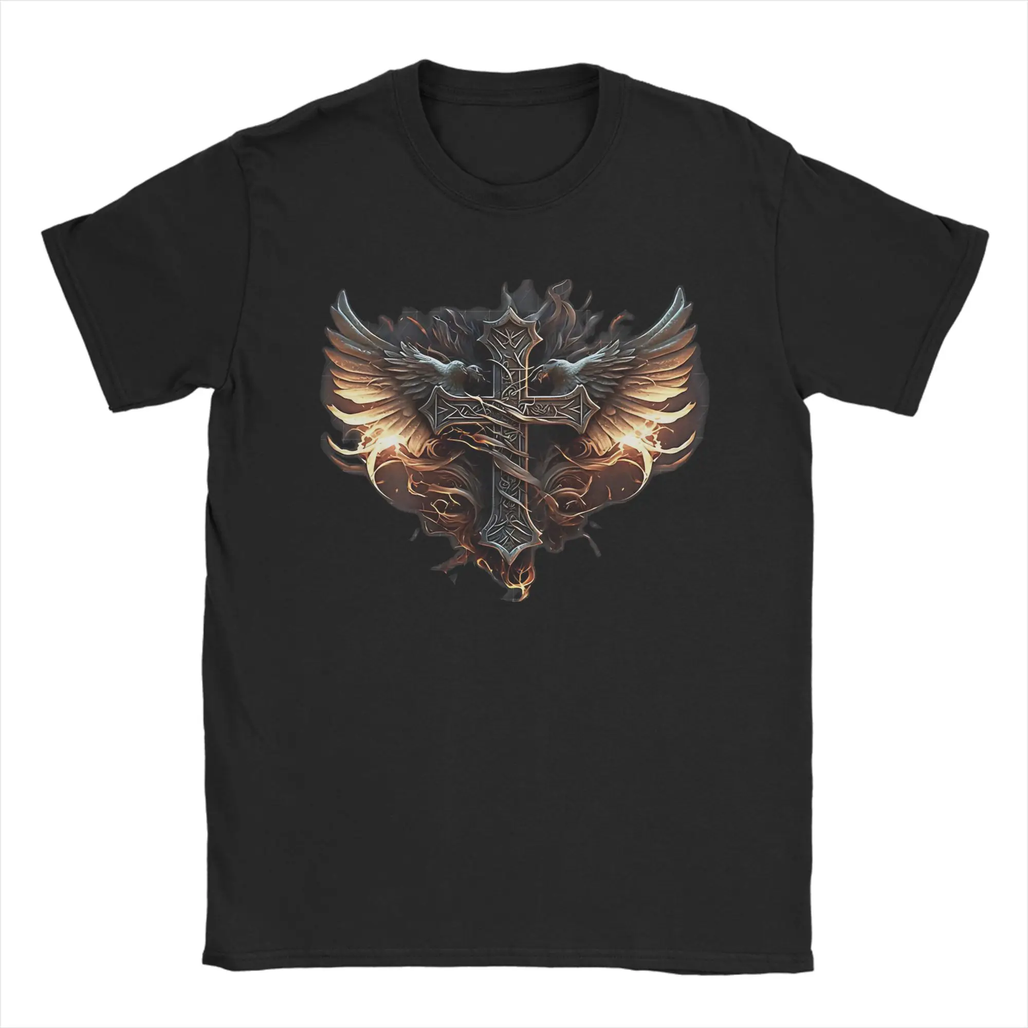 Men Faith Over Fear Fiery Eagle Wings Ornate Cross T-Shirts Angel Wings Cross Christian Cotton Tops Short Sleeves T-Shirt