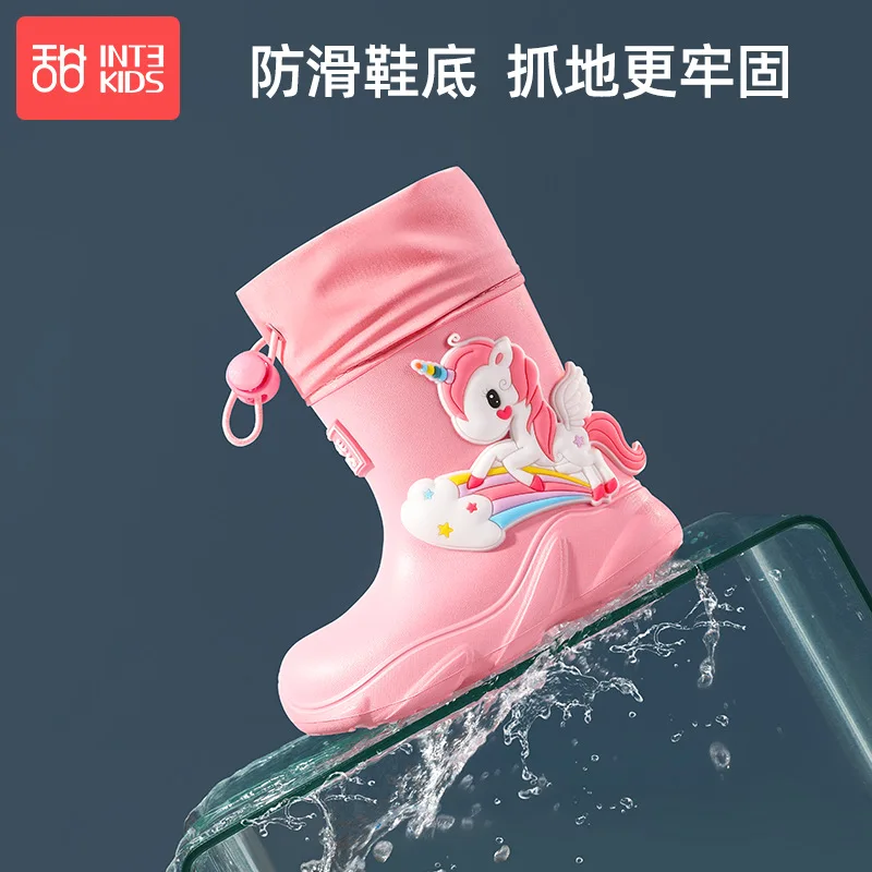 Botas de chuva antiderrapantes impermeáveis para crianças, unicórnio, tubarão, desenhos animados, pato, animais, PVC, sapatos de água, moda,