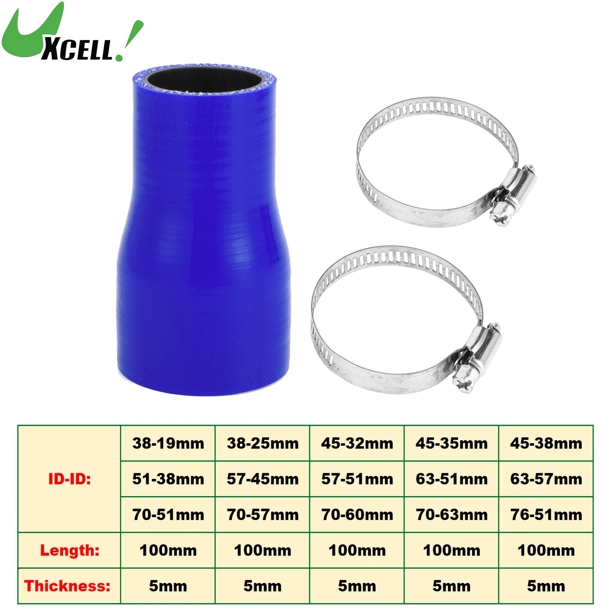 

UXCELL 38-19mm 38-25mm 45-32mm 45-35mm 51-38mm 57-51mm 70-51mm ID 100mm Long 0 Degree Car Silicone Coolant Hose w/ Clamps