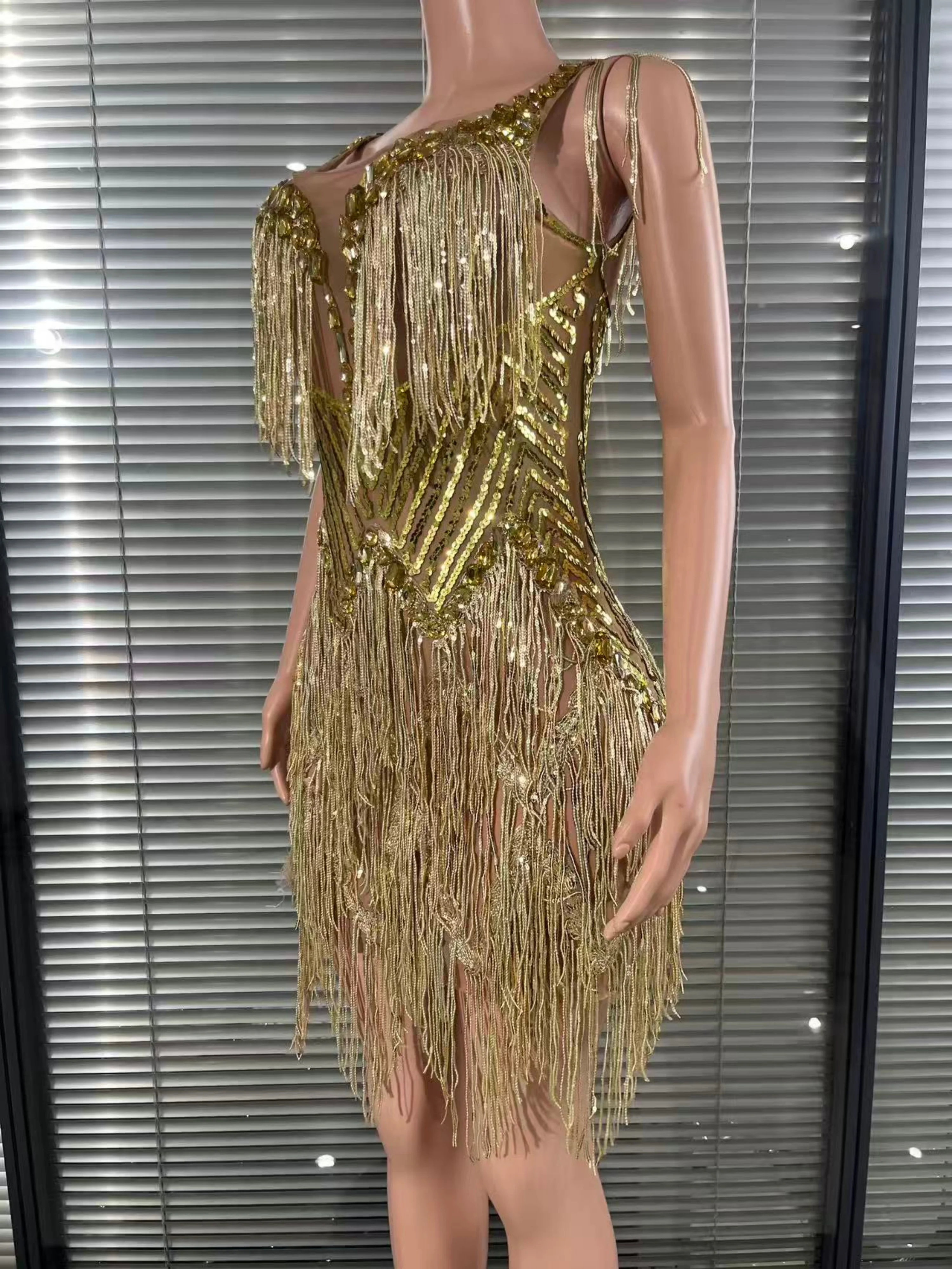 Mini robe moulante en maille à franges et paillettes dorées pour femmes, tenue de spectacle sur scène en boîte de nuit, bal de promo