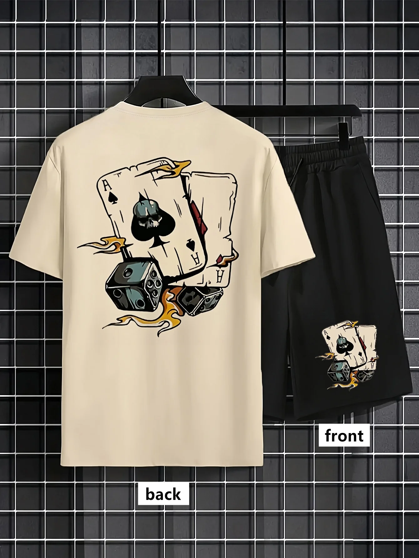 American men's summer fashion poker graffiti print comfortable breathable round neck T-shirt shorts set outdoor streetwear