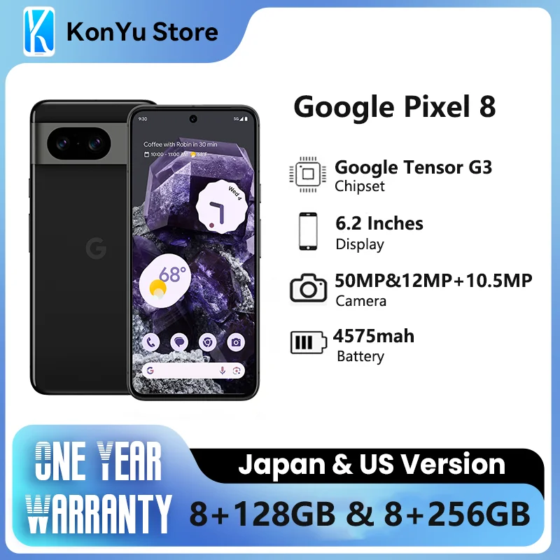 JP and US Google Pixel 8 Android 14, Google Tensor G3, 4575 mAh, 128 Go, 256 Go, OLED, 27W, filaire, IP68, résistant à l'eau, 5G, tout neuf