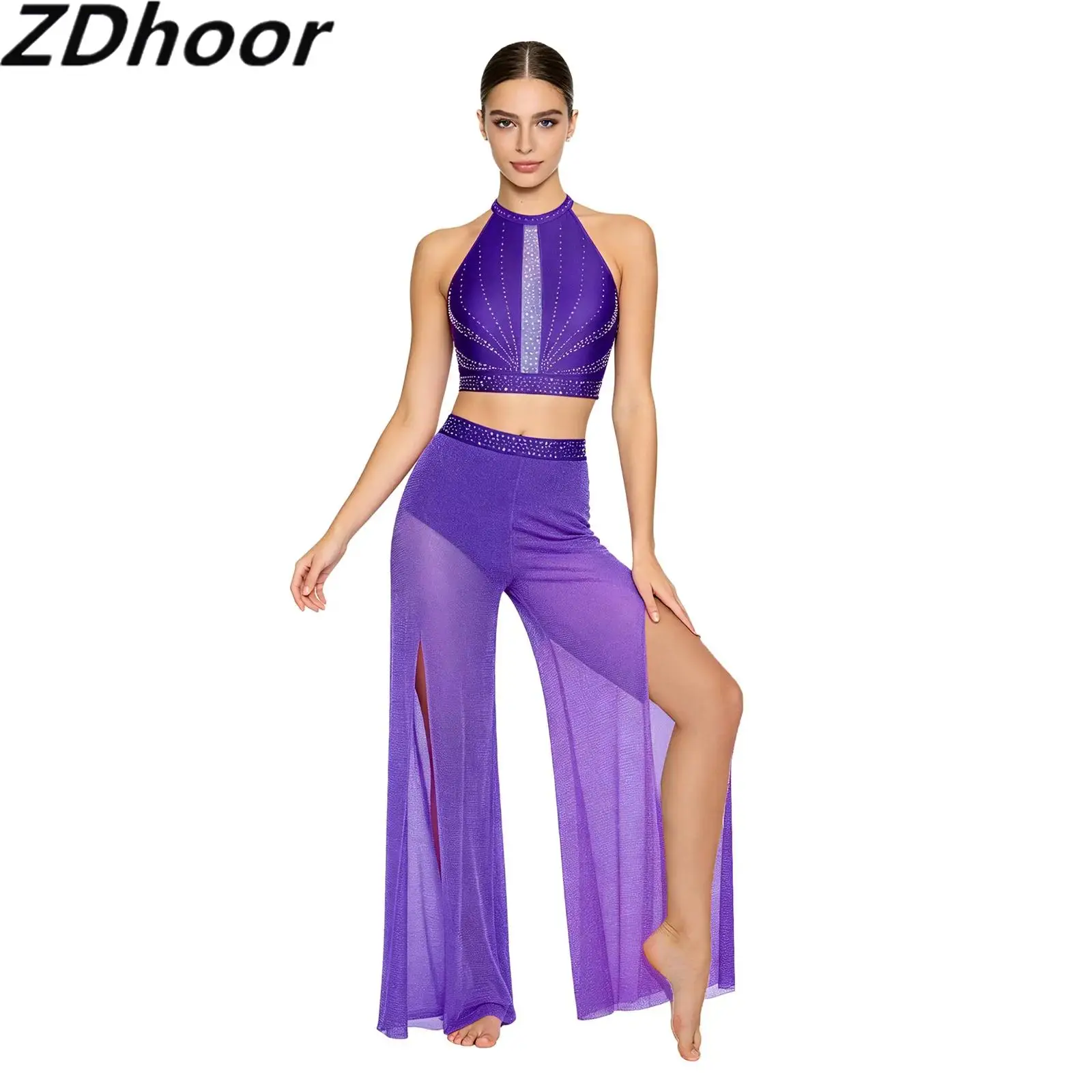 

Womens Lyrical Dance Outfit Rhinestones Sleeveless Back Hollow-out Tank Top And Shimmering Mesh Legs Wide Leg Pants with Briefs
