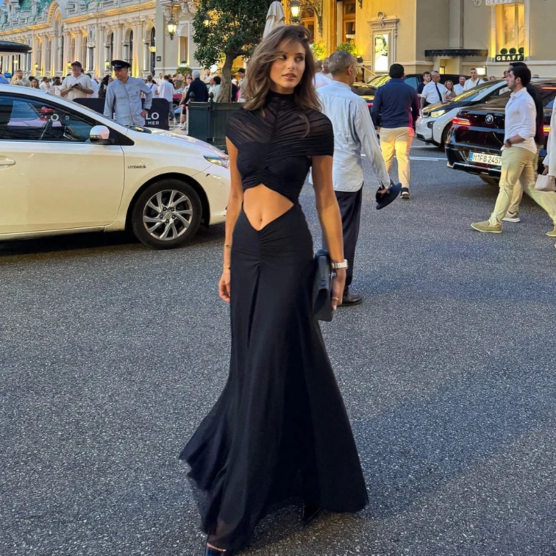 Europeo americano sexy moda estiva vita alta tinta unita maglia borsa pieghettata glutei ombelico esposto abito lungo abbigliamento da donna