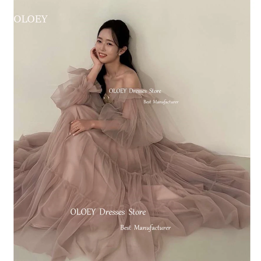 

OLOEY Fairy Dusty Pink Evening Dresses Korea Wedding Photoshoot Puff Long Sleeves Floor Length Prom Gowns Formal Party Dress