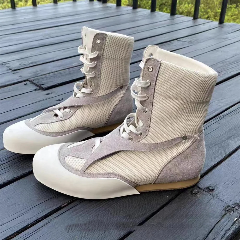 

Casual Trendy High Top Thick Soled Height Increasing Boots Men British Style Lace Up Patchwork Breathable Motorcycle Boot