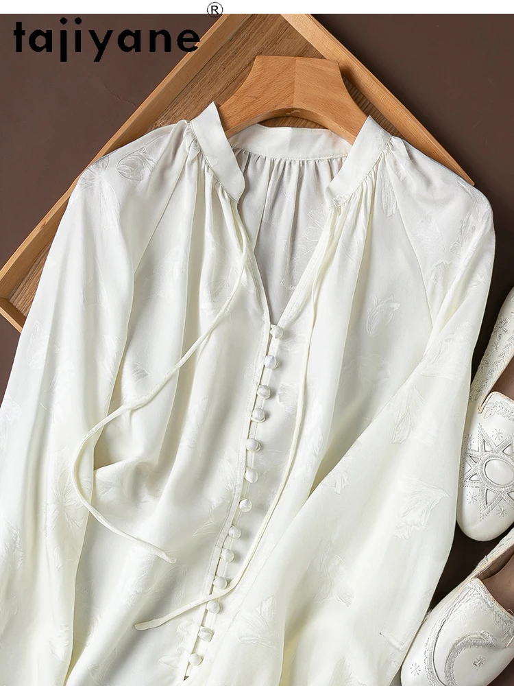 TAJIYANE 100% Mulberry Silk Blouse Woman Elegant Long Sleeve White Shirt New Jacquard Women Tops 2025 Spring Clothes Camisas