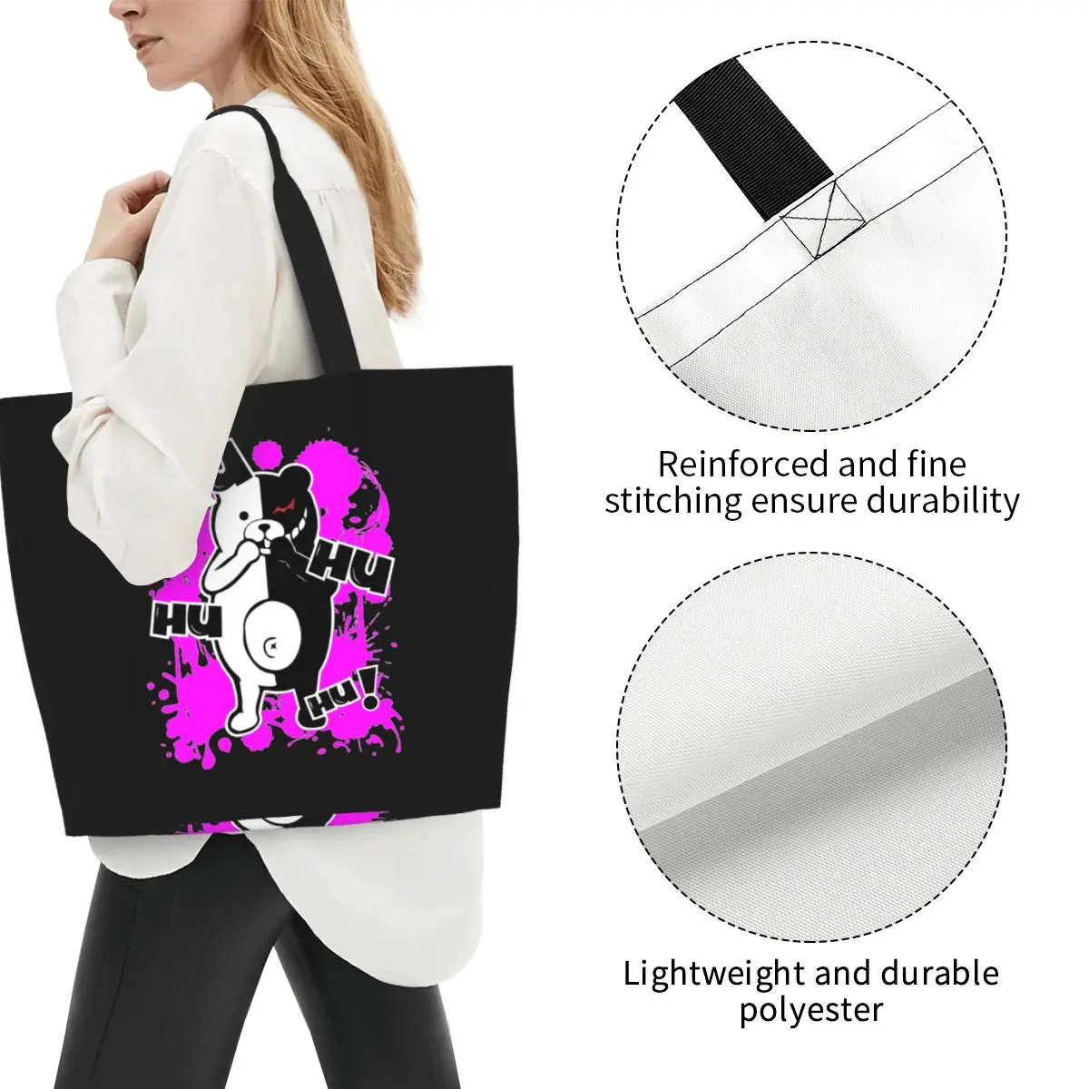 Monokuma Danganronpa Puhuhuhu Shopping Tote Bag Canvas Large Capacity Shoulder Bags Shopper Grocery Handbag for Women