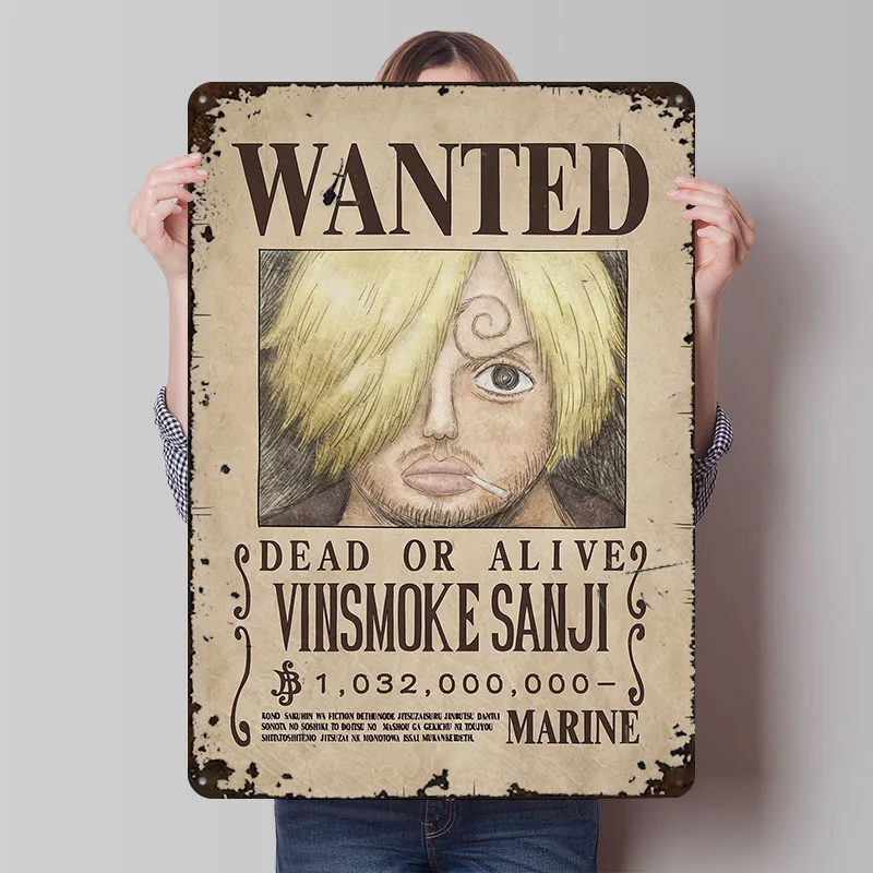 Wanted: Vinsmoke Sanji-letrero de estaño, póster artístico de pared, decoraciones de habitación para el hogar, carteles de Metal Retro Vintage para decoración del hogar, Interior