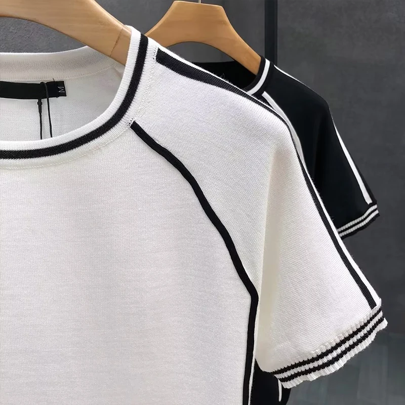 Irregular Lines Herren-Strick-T-Shirt, Sommer, Schwarz, Weiß, Kontrastfarbe, Rundhalsausschnitt, kurze Ärmel, atmungsaktives Strick-T-Shirt – Detail 17