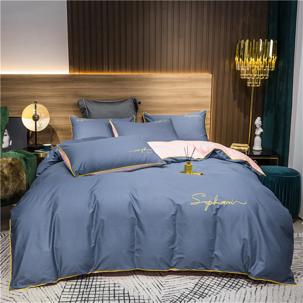 Svetanya Solid Cotton Embroidery Bed Linens Hotel Home Bedding Sets Sheet Pillowcase Duvet Cover Set