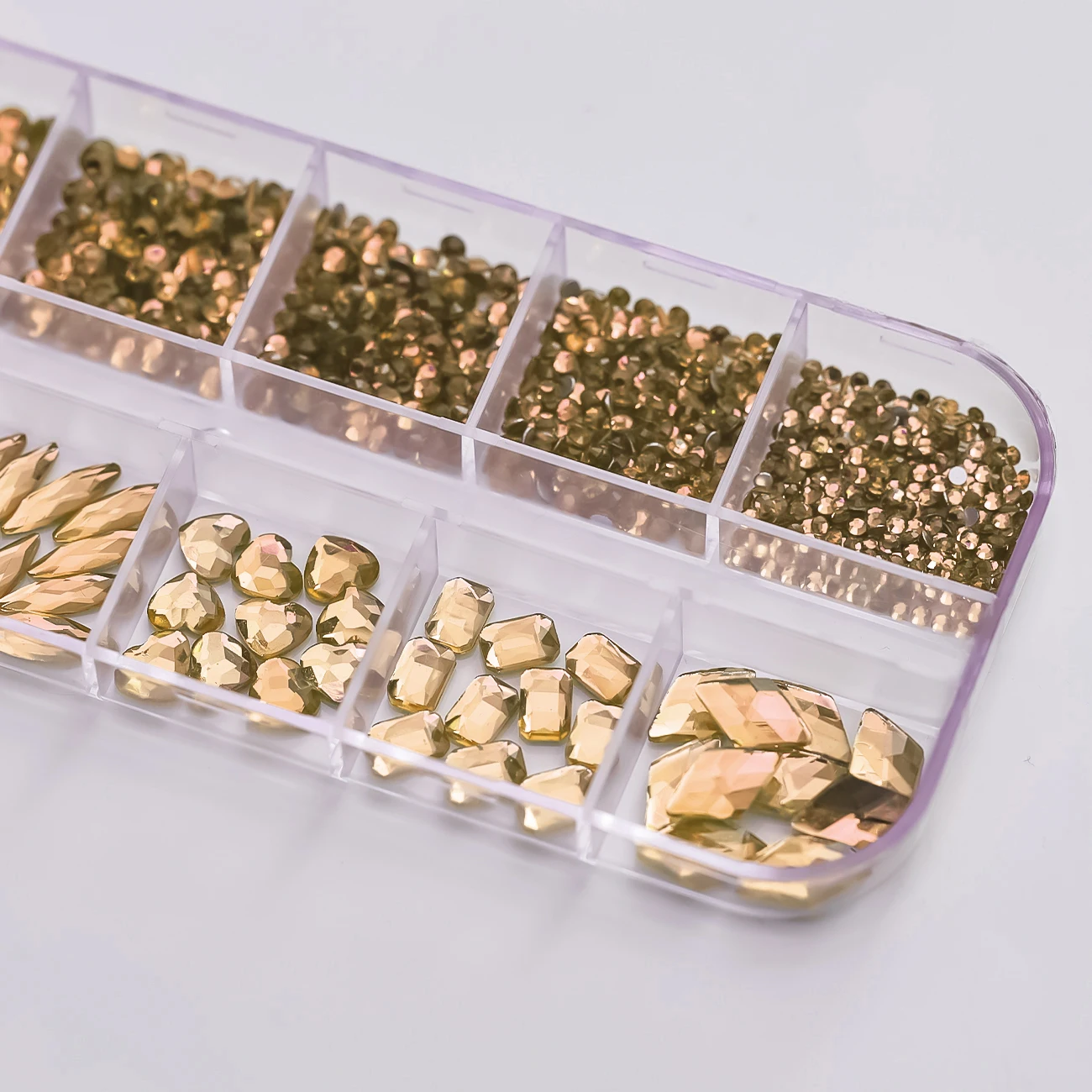 1080 ピース/箱シャンパンゴールデン高級ネイルアートラインストーン混合形状クリスタル + SS6-SS30 ラウンドネイルダイヤモンド DIY シャンパンネイル宝石