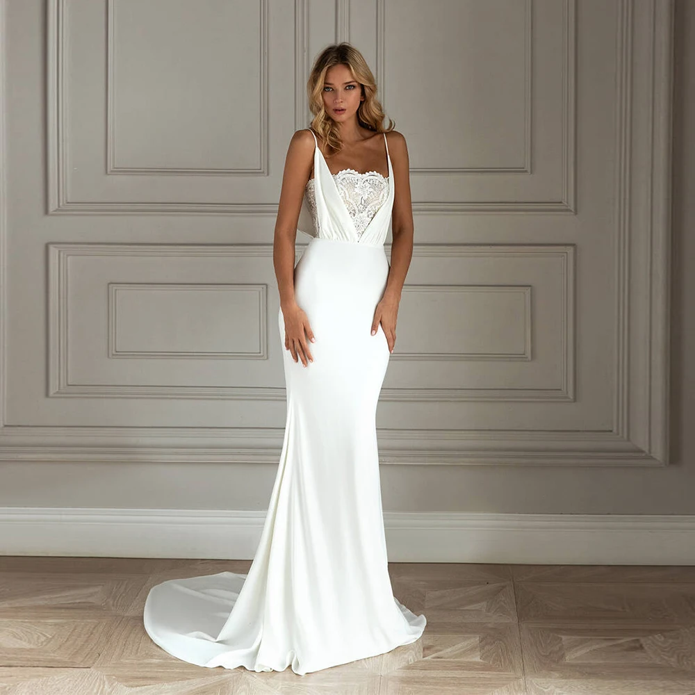 

Sexy White Mermaid Sleeveless Wedding Dresses Spaghetti Straps Backless Gown Pleat Lace Strapless Floor Length Customized